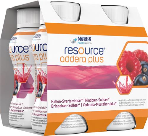 Resource Addera Plus, hallon-svarta vinbär drickfärdigt kosttillägg, 4 x 200 milliliter